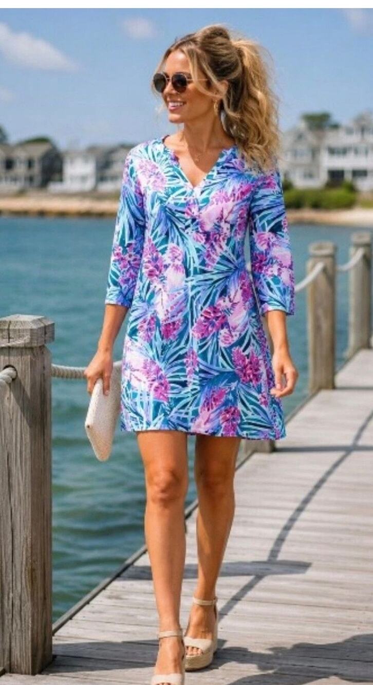 Lilly Pulitzer Blue Pink Tropical Floral Notch Neck Tunic Shift Dress Womens XL